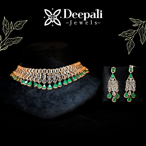 Emerald Diamond Necklace | Bridal Choker Set | 14K Gold Necklace | Diamond and Emerald Set | Deepali Jewels | Certified Diamond Choker | Indian Wedding Jewellery | Real Gold Necklace with Earrings | BIS Hallmarked Necklace | Luxury Bridal Set | Green Gemstone Necklace